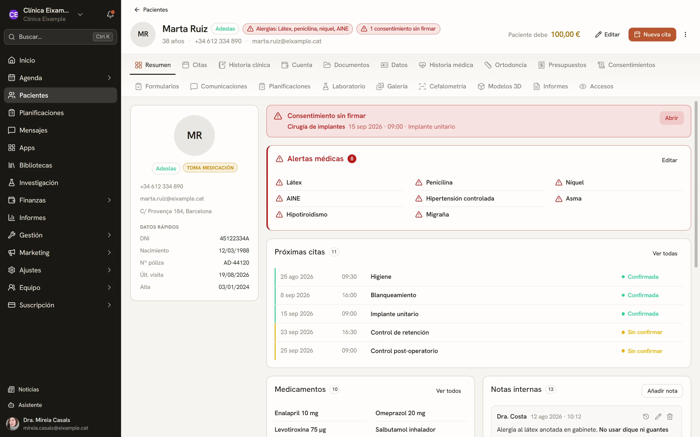 Ficha de una paciente de muestra en Dexodent: resumen con datos, alertas médicas y próximas citas.
